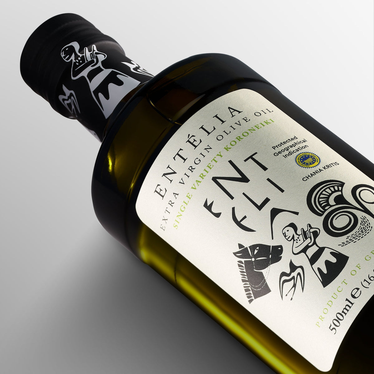 An Entelia 500 ml bottle of extra virgin olive oil.