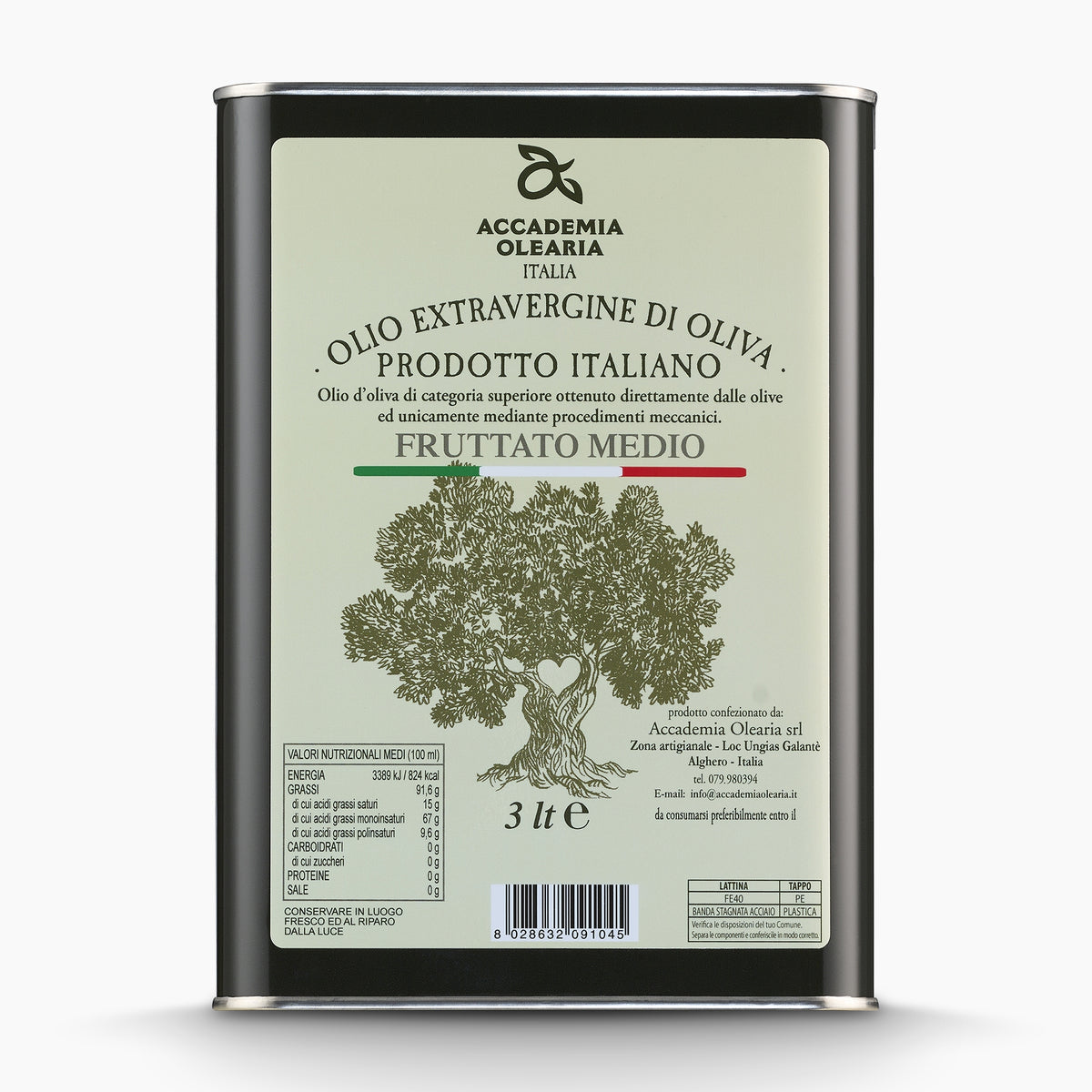 A 3L Tin of Accademia Olearia Fruttato extra virgin olive oil from Sardinia, Italy.