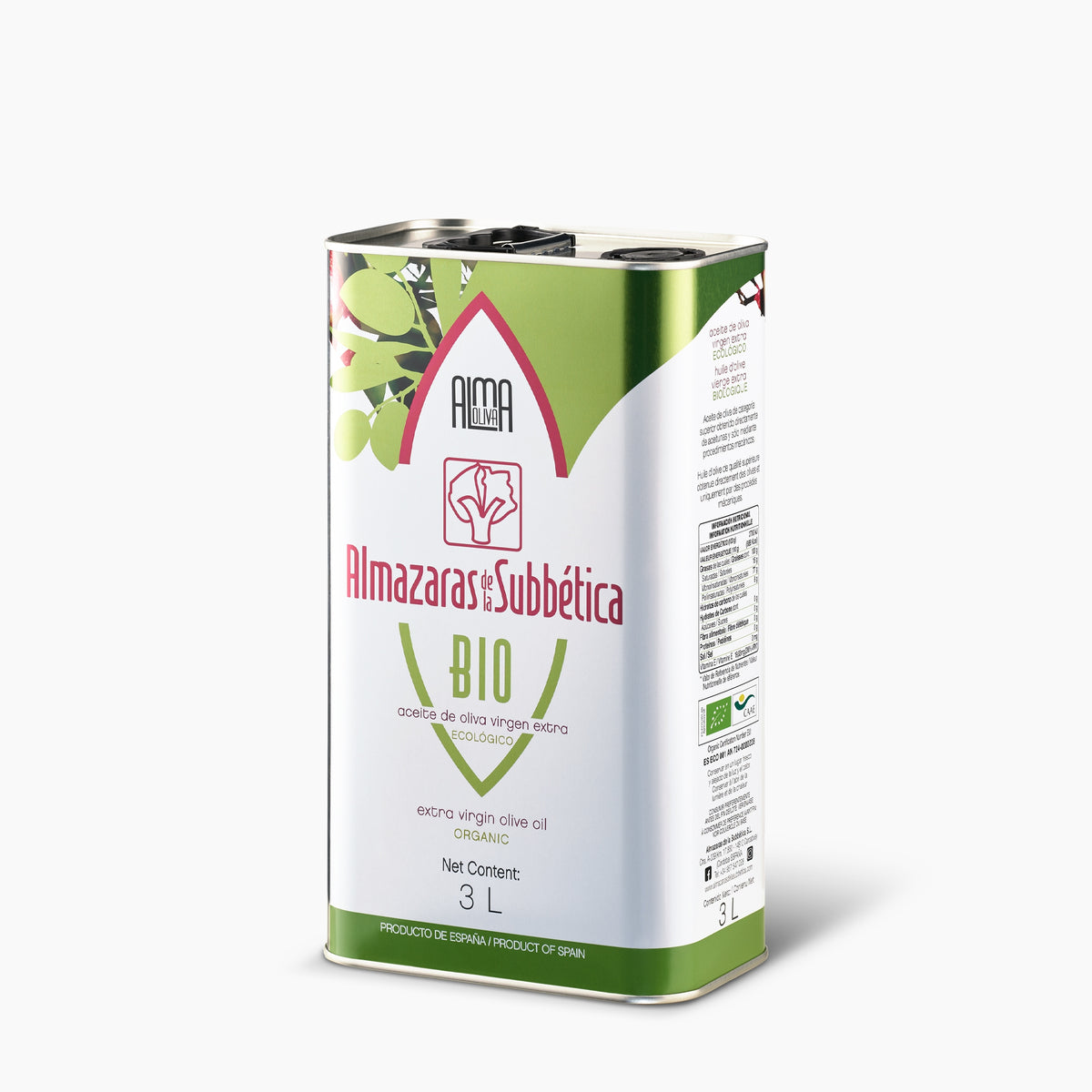 Angled view of 3L Tin of Almaoliva Bio extra virgin olive oil from Andalusia, Spain.