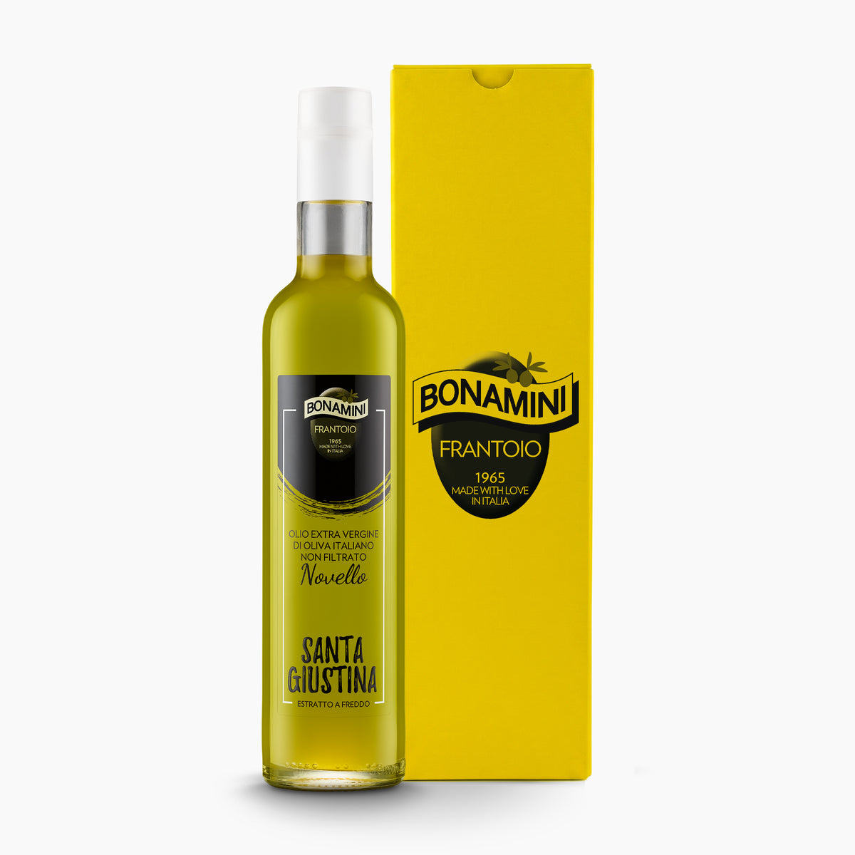 Bonamini Santa Giustina Novello 500 ml extra virgin olive oil bottle and its gift box.