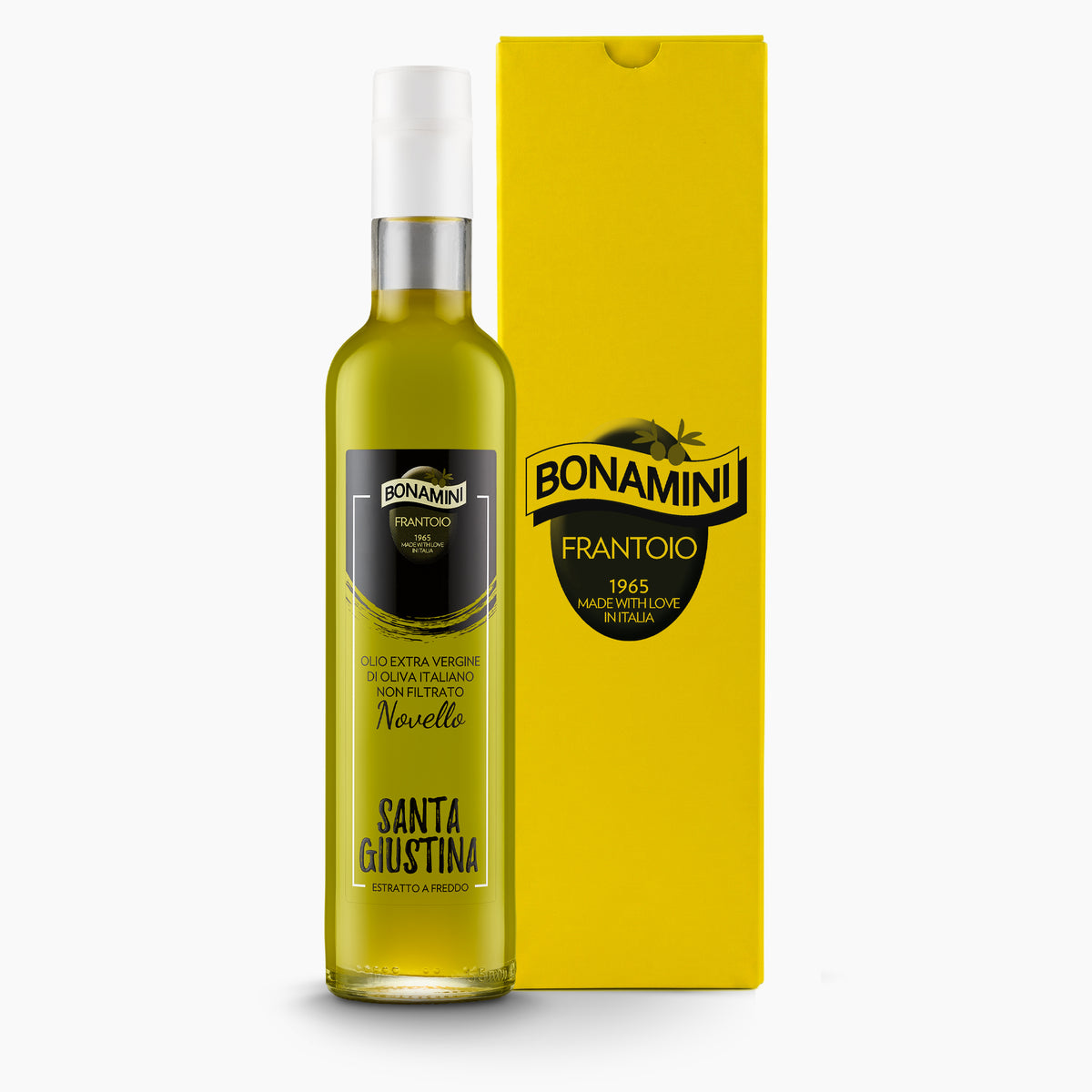 Bonamini Santa Giustina Novello 500 ml extra virgin olive oil bottle and its gift box.