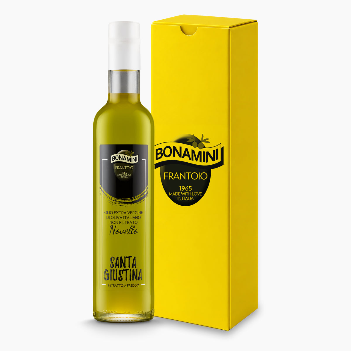 Bonamini Santa Giustina Novello 500 ml extra virgin olive oil bottle and its gift box.