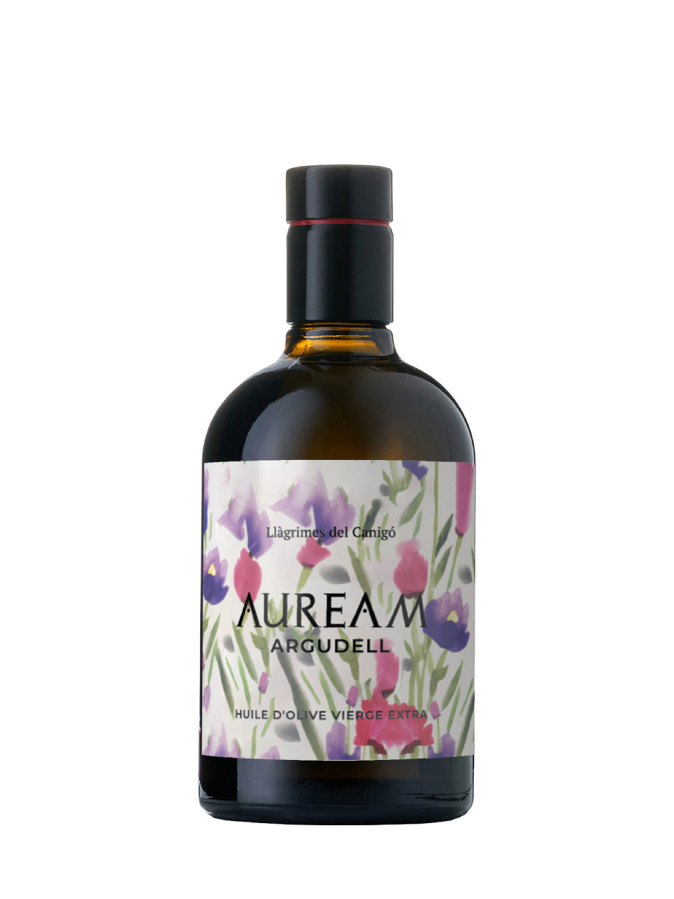 A bottle of Llàgrimes del Canigó Auream Argudell extra virgin olive oil with a floral design on the label.