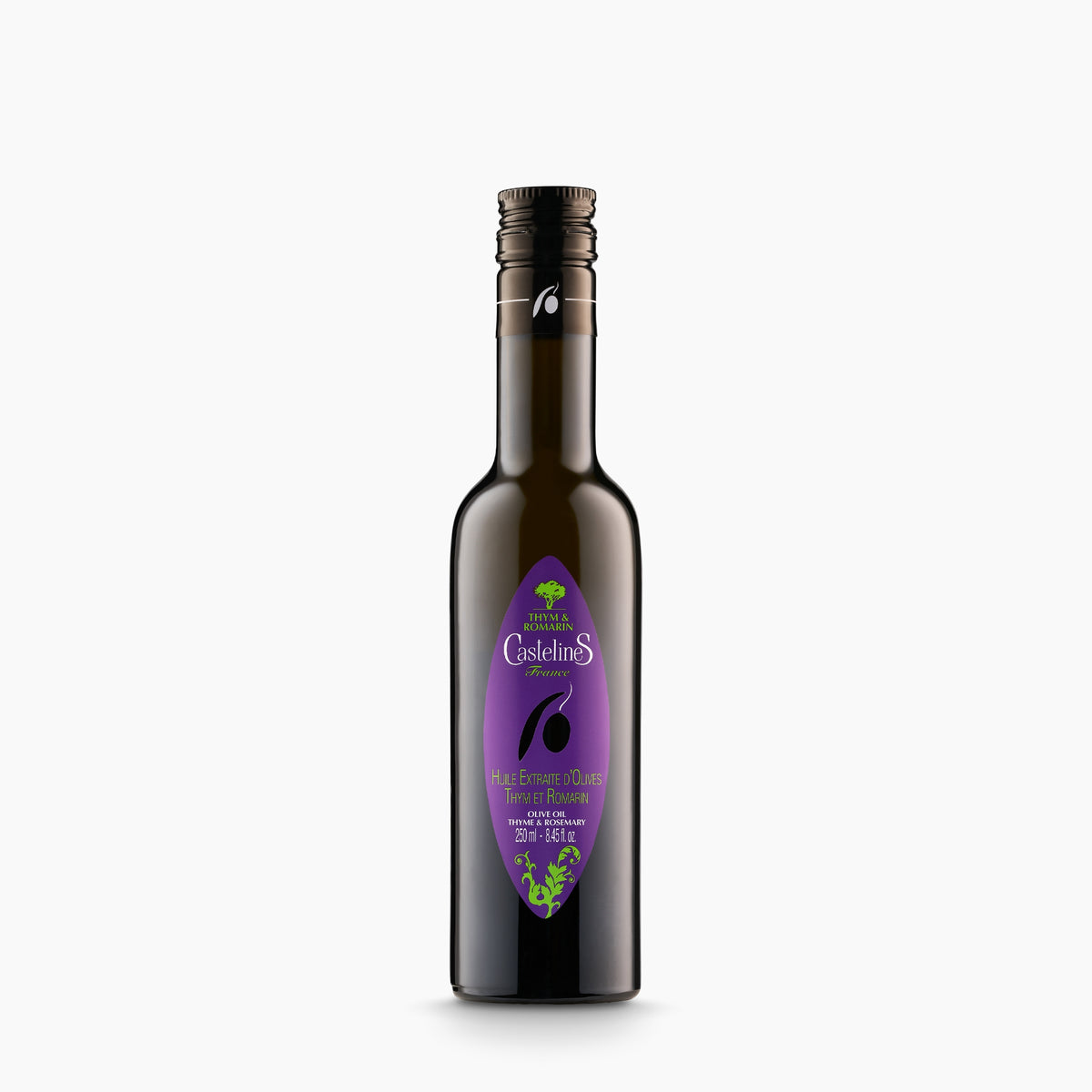 250 ml bottle of Castelines Thyme & Rosemary Olive Oil from France.