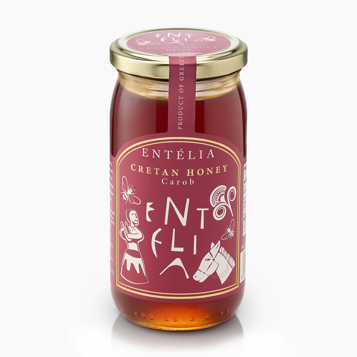 Angled view of 450g jar of Entelia Carob Cretan Honey from Greece.