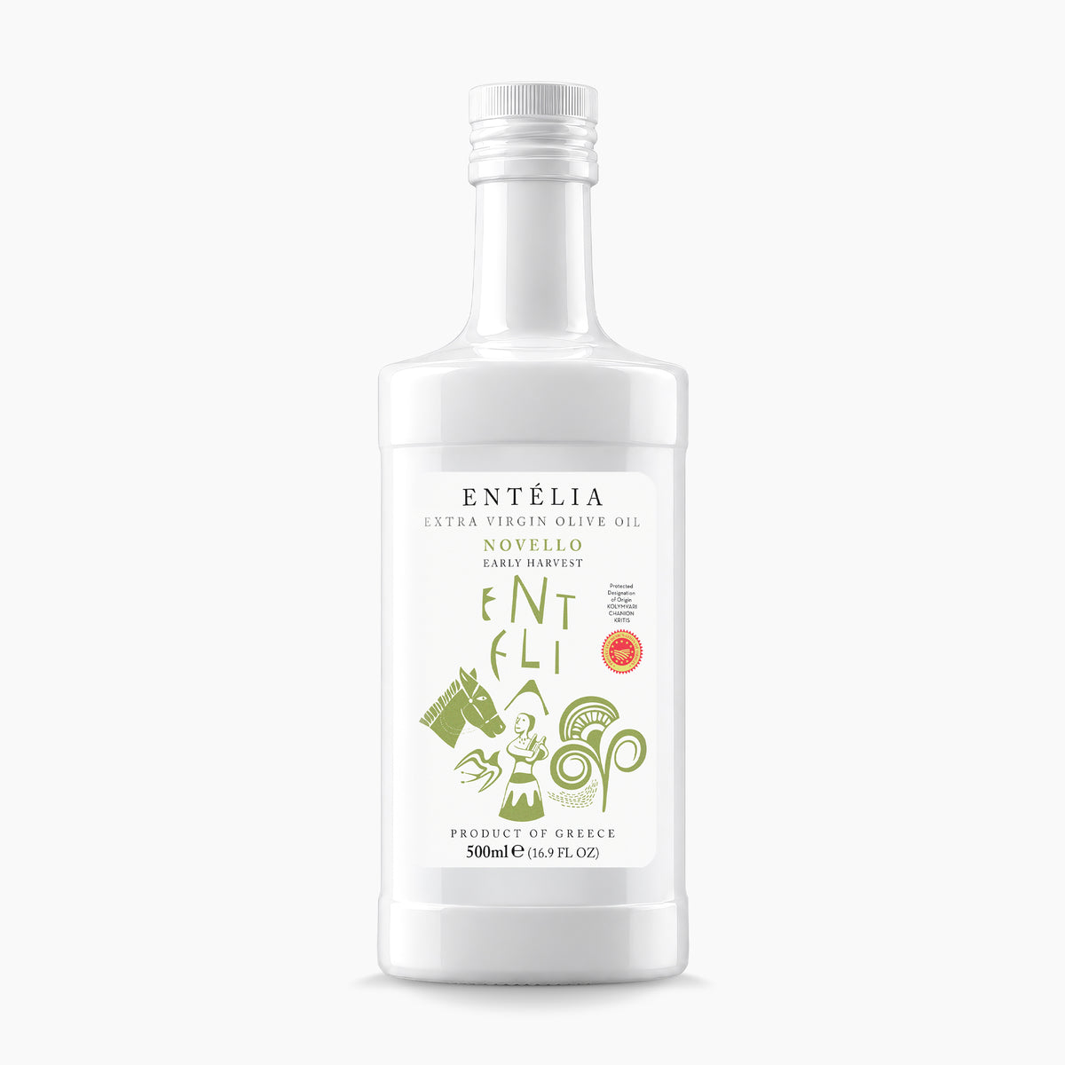 Entelia Novello 500ml extra virgin olive oil bottle.