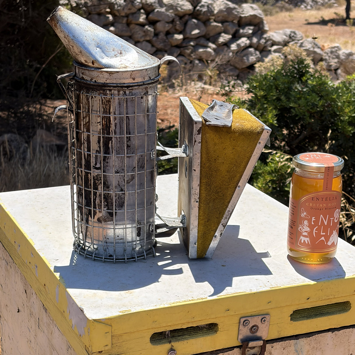 Entelia Orange Blossom Cretan Honey 450g jar beside a beekeeper’s smoker on a hive.