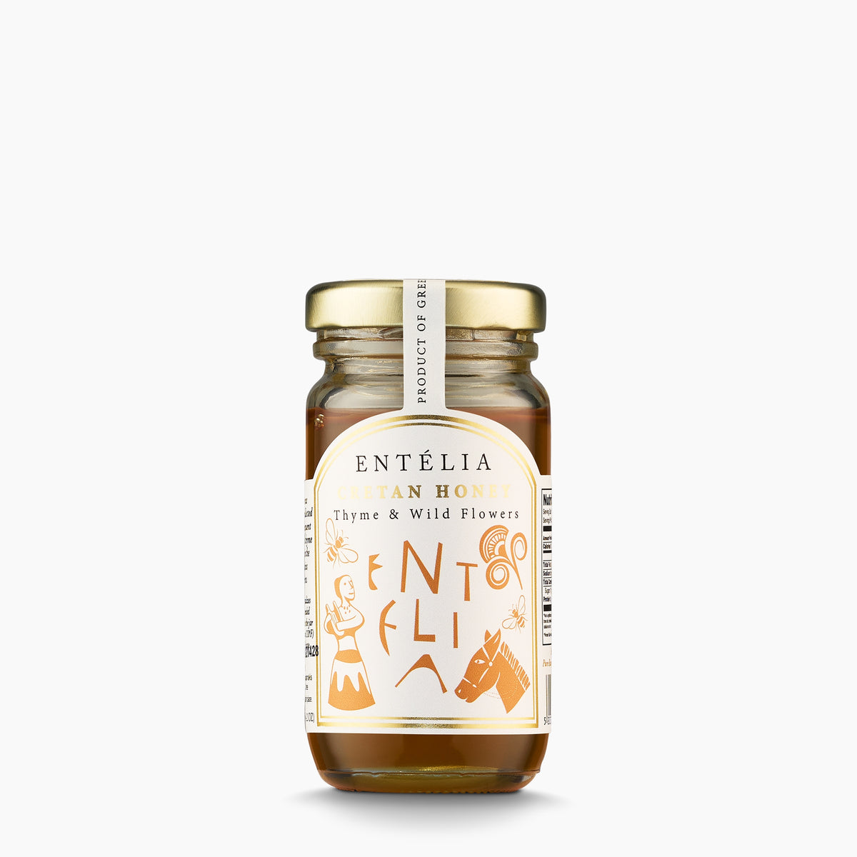 A 100 g jar of Entelia Thyme & Wild Flowers Cretan Honey.