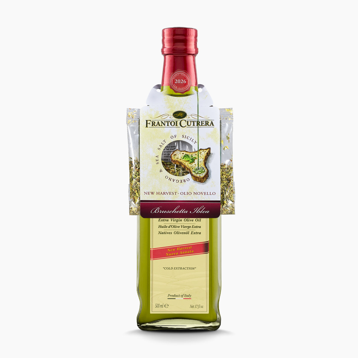 Frantoi Cutrera Frescolio Novello 500ml bottle with Sicilian sea salt and oregano packets.
