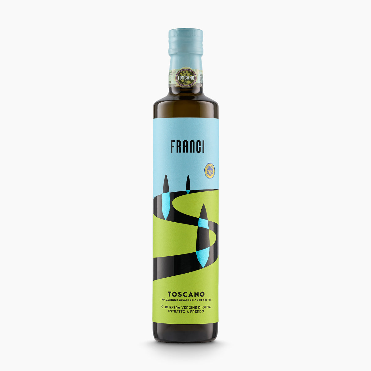 A 500 ml bottle of Franci IGP Toscano extra virgin olive oil from Tuscany, Italy.