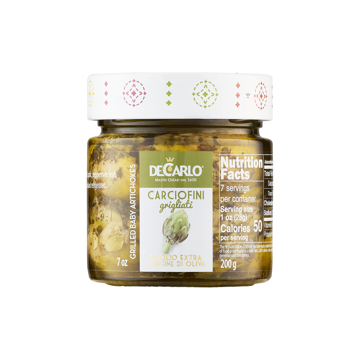 200g jar of De Carlo Grilled Artichokes from Italy.