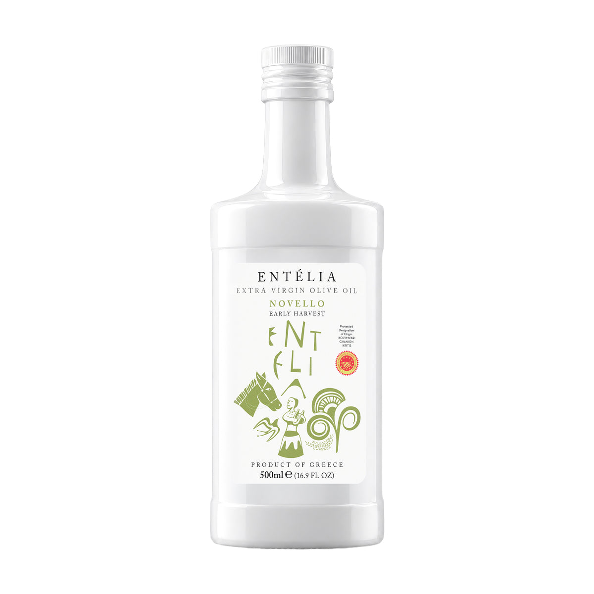 Entelia Novello 500ml extra virgin olive oil bottle.