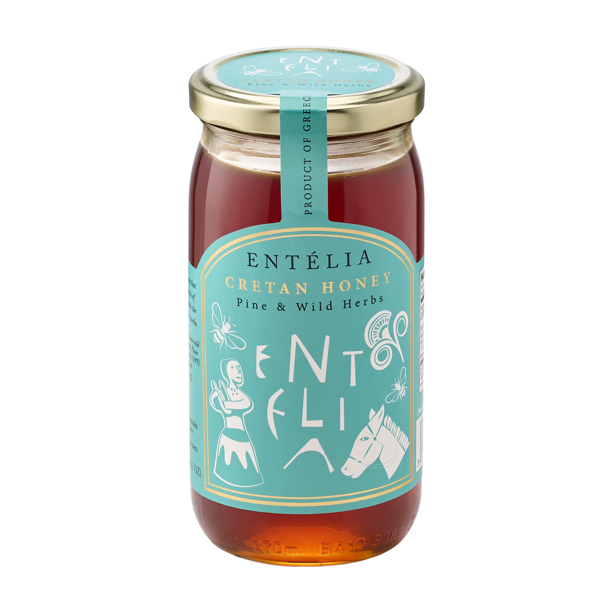 Angled view of 450g jar of Entelia Pine & Wild Herbs Cretan Honey from Greece.