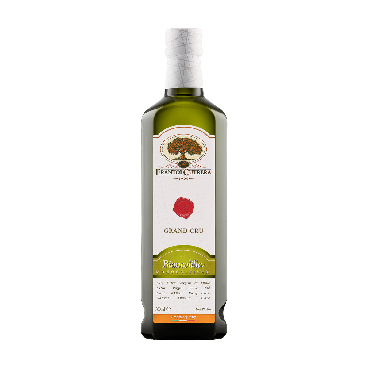 500 ml bottle of Frantoi Cutrera Grand Cru Biancolilla extra virgin olive oil.
