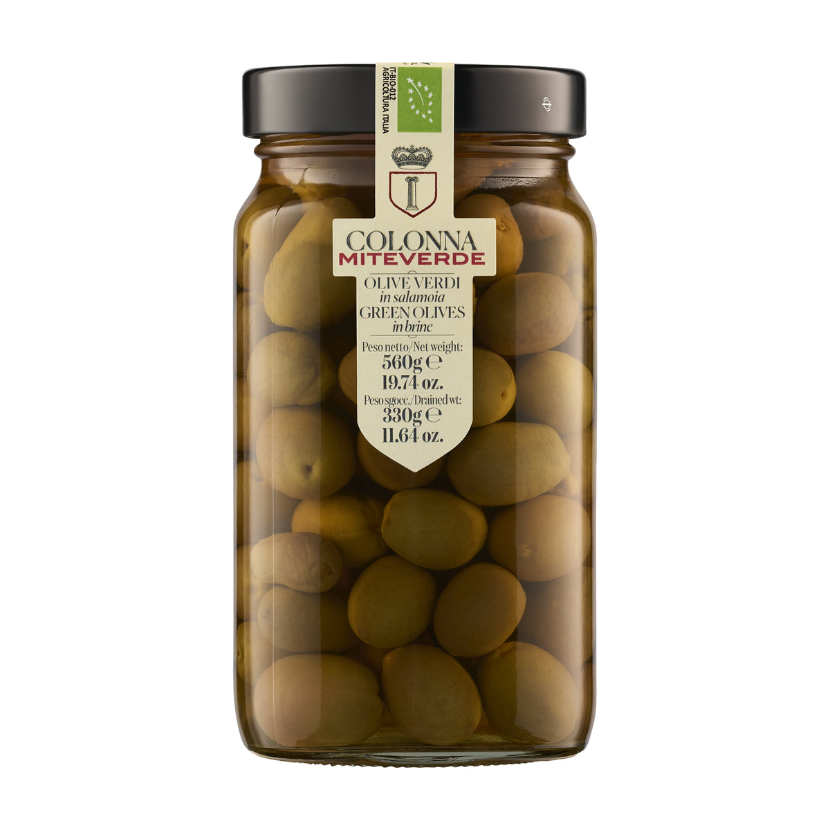 560g jar of Colonna Organic MiteVerde Green Olives from Italy.