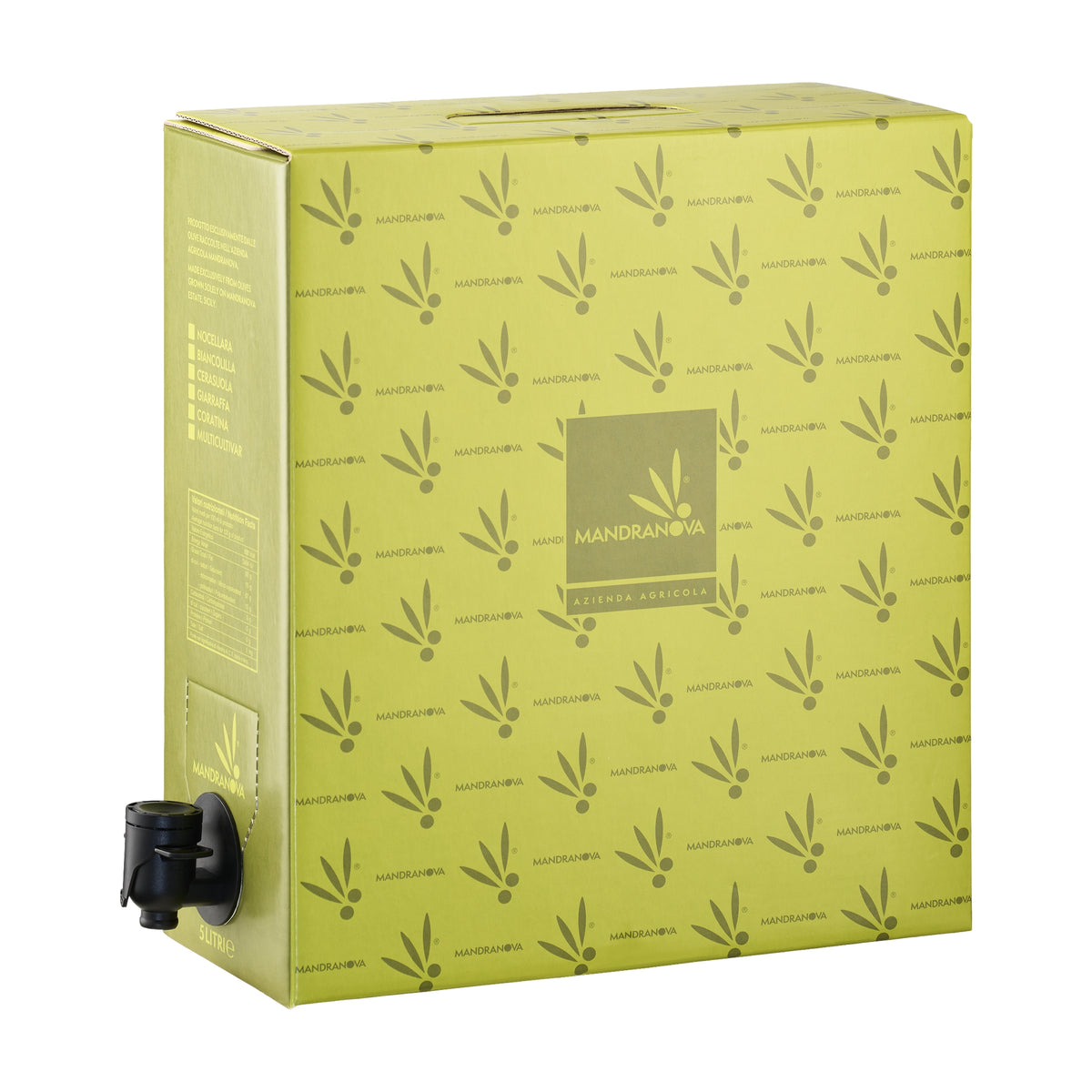 5L bag-in-box of Mandranova Nocellara extra virgin olive oil with dispensing spout extended.