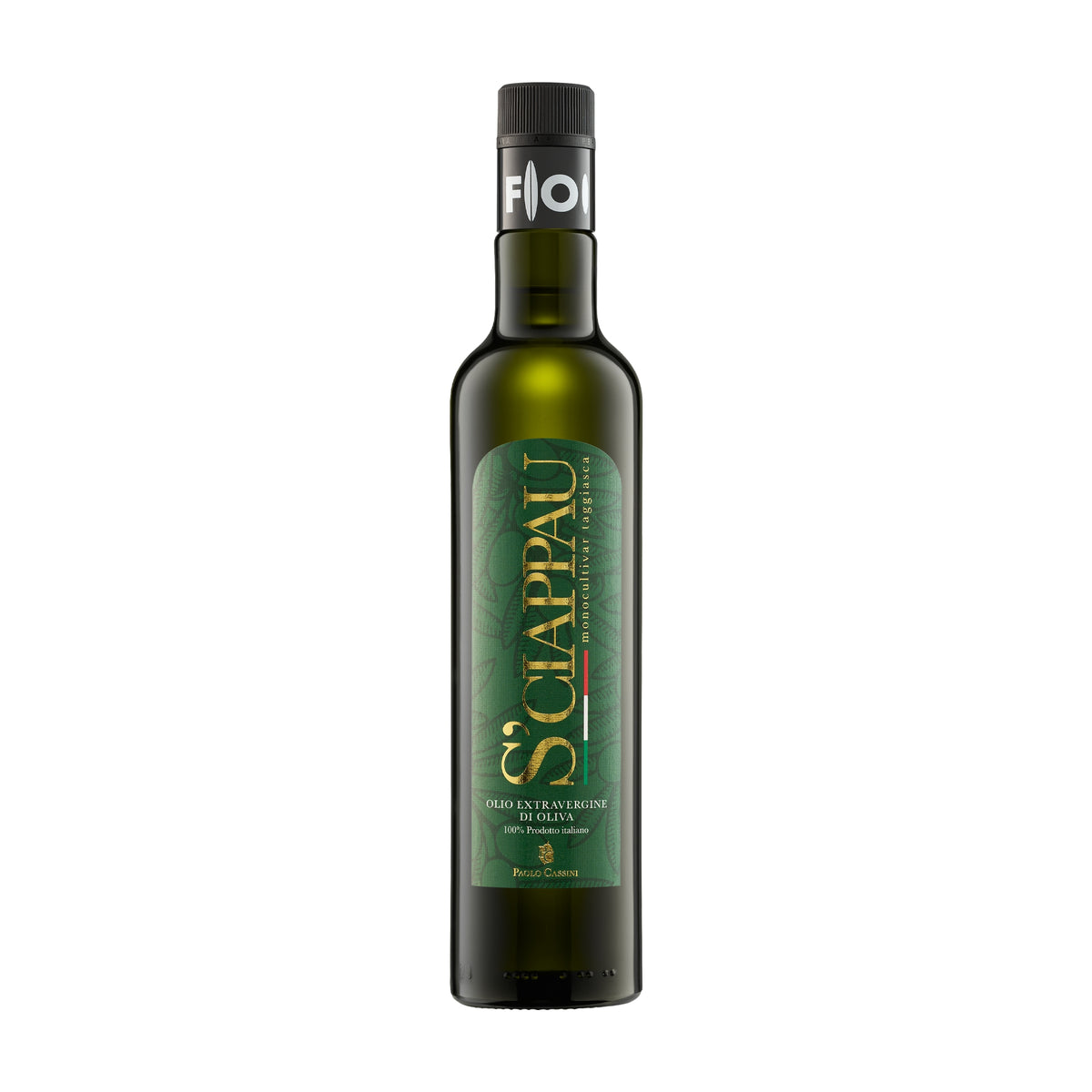 A 500 ml bottle of Paolo Cassini Taggiasca S'Ciappau extra virgin olive oil.