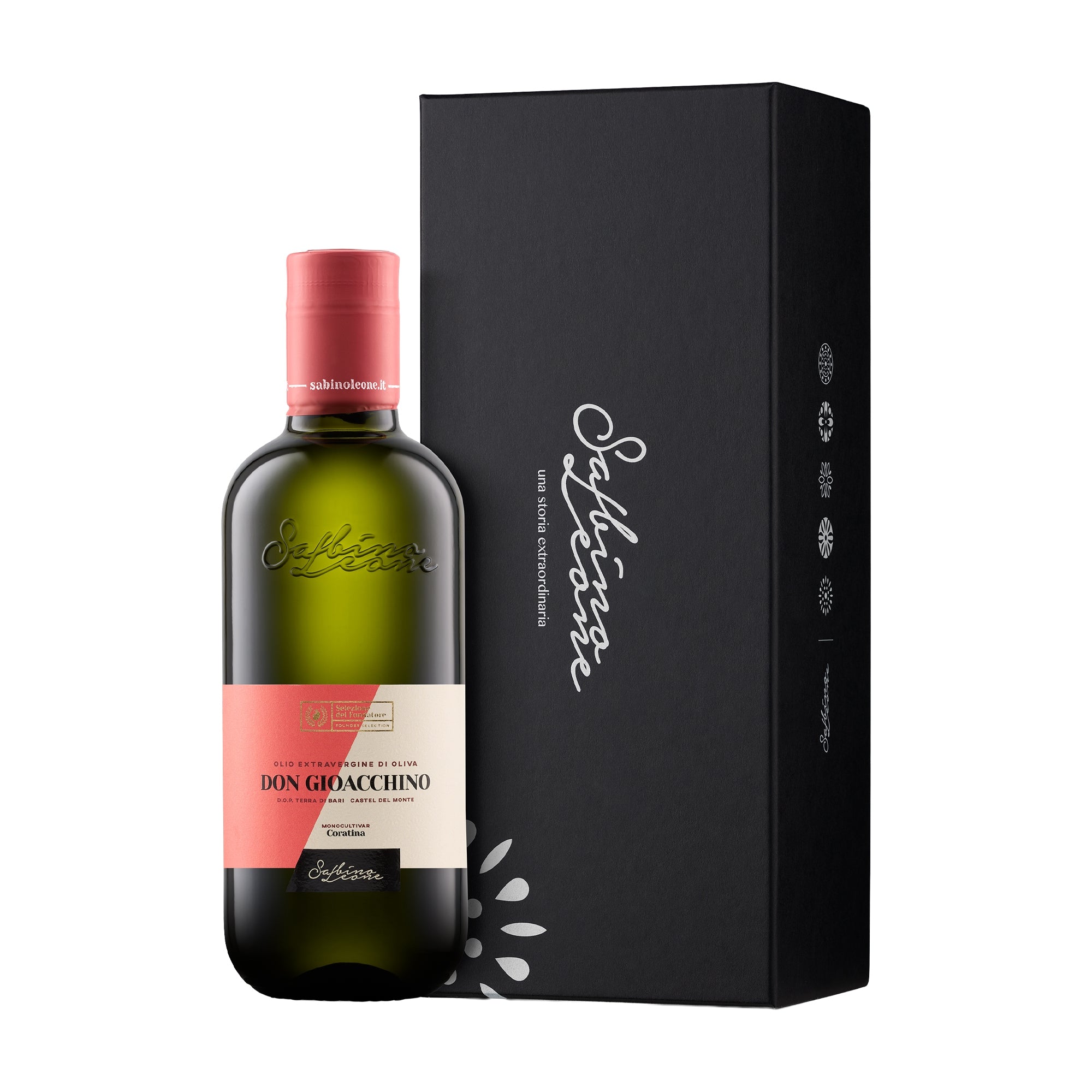 Sabino Leone Don Gioacchino DOP Terra di Bari 500 ml bottle with its gift box.