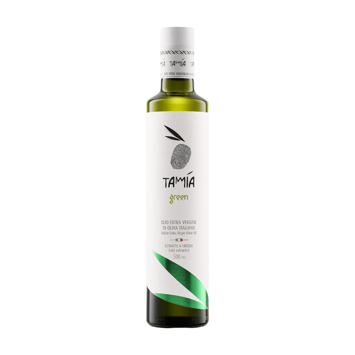A 500 ml bottle of Tamia Green extra virgin olive oil from Lazio, Italy.