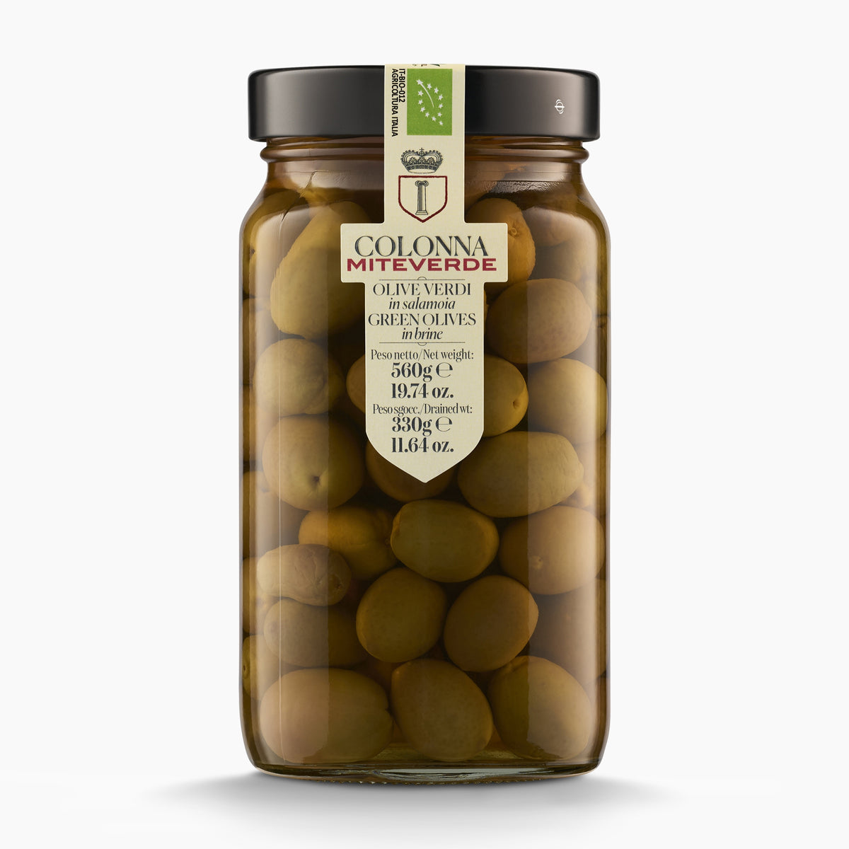 560g jar of Colonna Organic MiteVerde Green Olives from Italy.