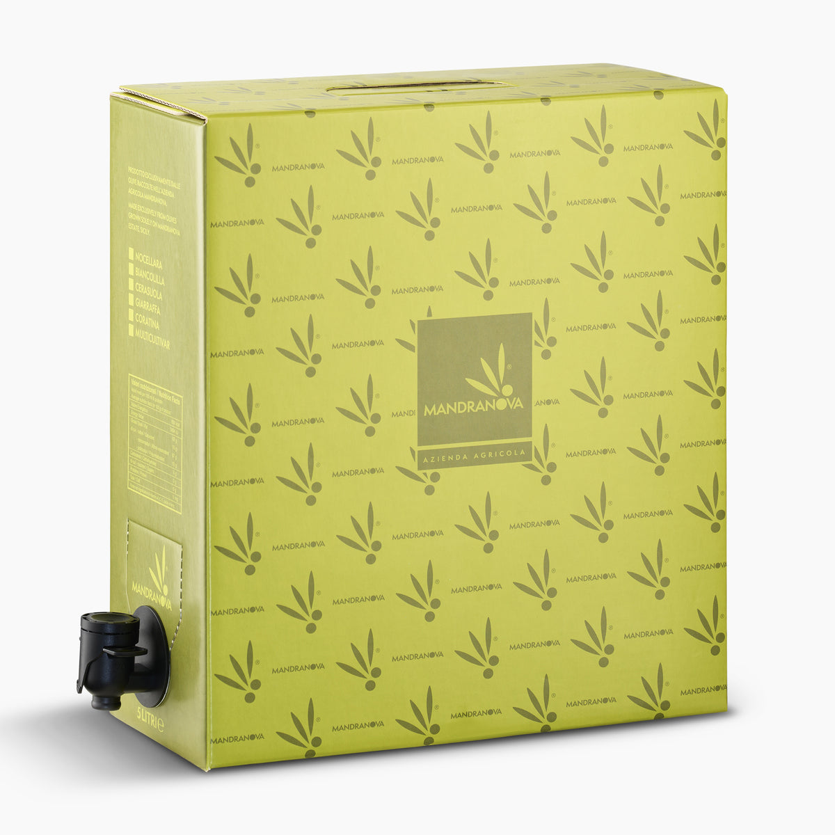5L bag-in-box of Mandranova Nocellara extra virgin olive oil with dispensing spout extended.