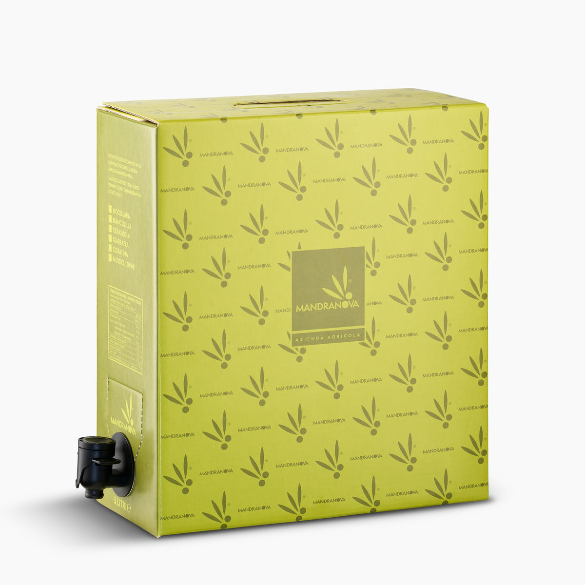 5L bag-in-box of Mandranova Nocellara extra virgin olive oil with dispensing spout extended.