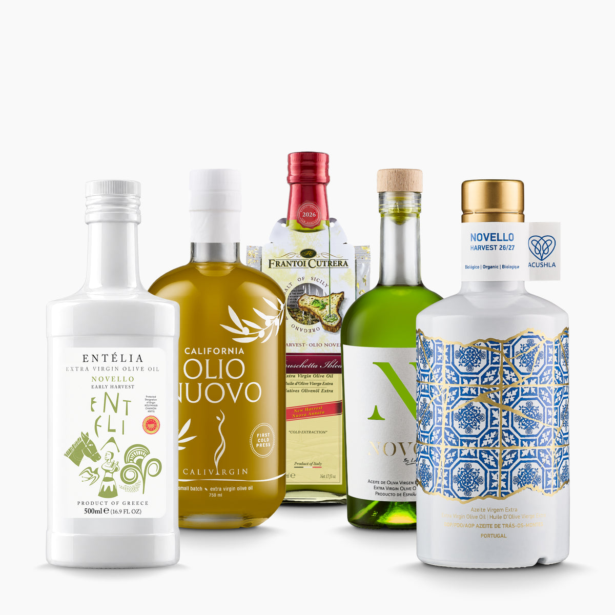 Five early harvest extra virgin olive oils from Entelia, Calivirgin, Frantoi Cutrera, Nobleza del Sur, and Acushla.