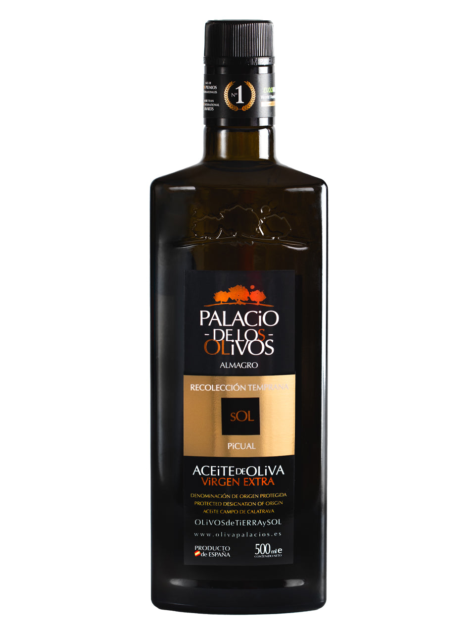 A bottle of Palacio de los Olivos Picual DOP Aceite Campo De Calatrava extra virgin olive oil.