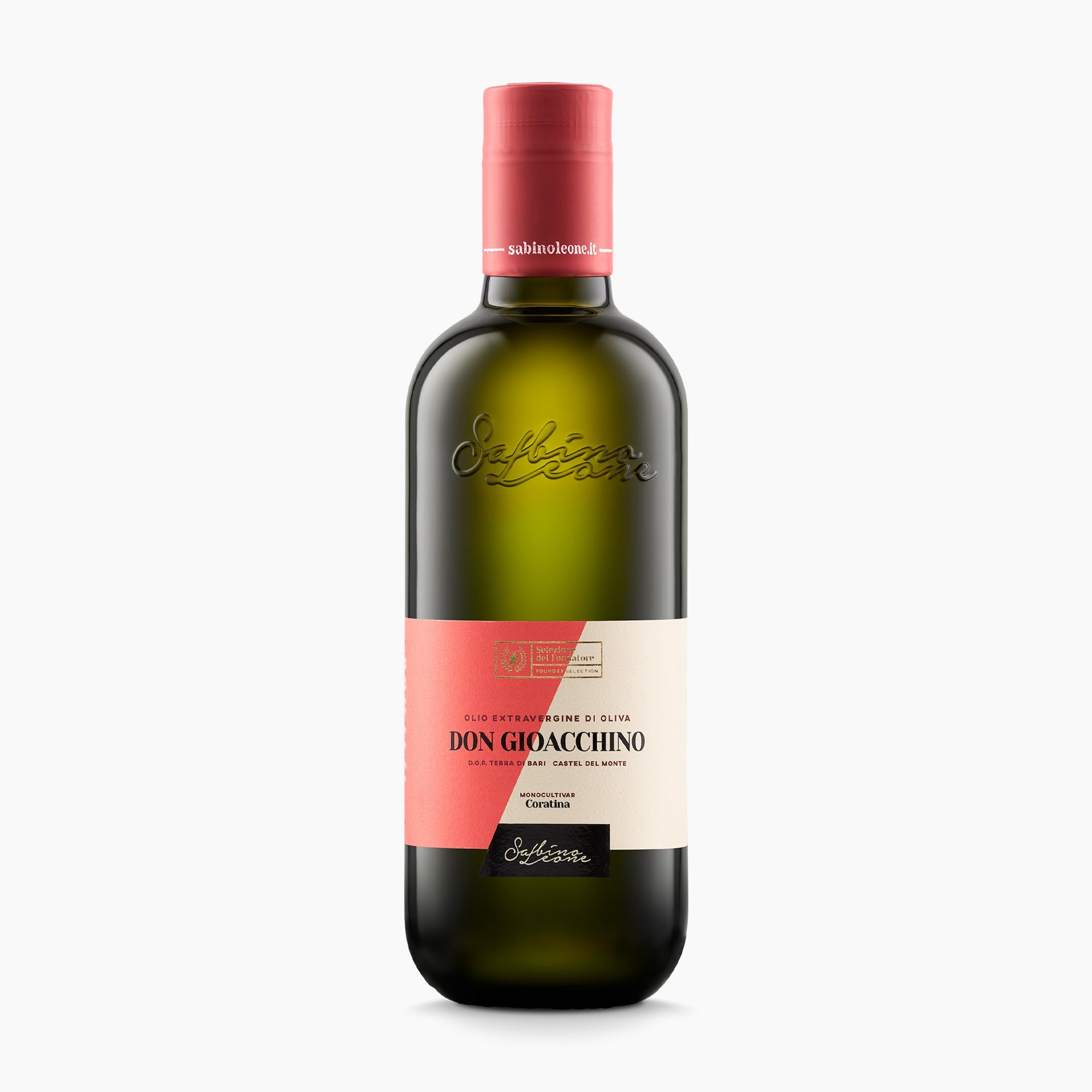 500 ml bottle of Sabino Leone Don Gioacchino DOP Terra di Bari olive oil from Puglia, Italy.