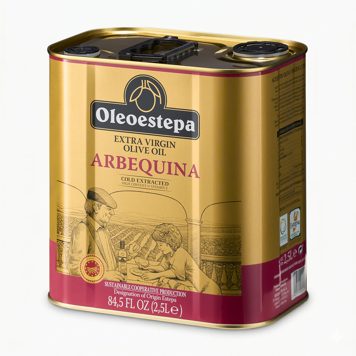 Angled view of Oleoestepa Arbequina 2.5L Tin Spanish extra virgin olive oil.
