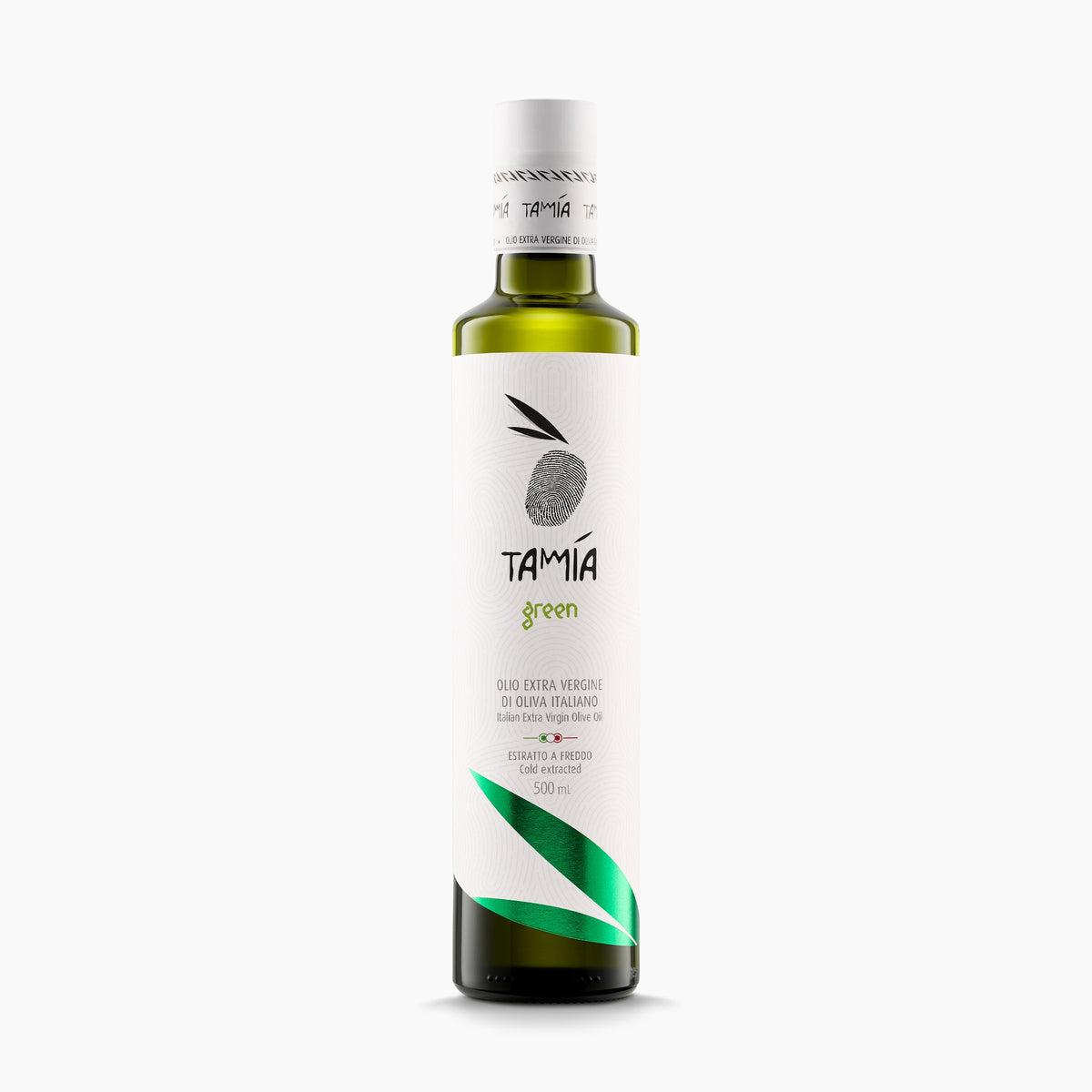 A 500 ml bottle of Tamia Green extra virgin olive oil from Lazio, Italy.