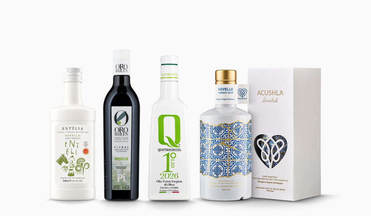 Four Mediterranean early harvest extra virgin olive oils from Entelia, Oro Bailen, Quattrociocchi, and Acushla.