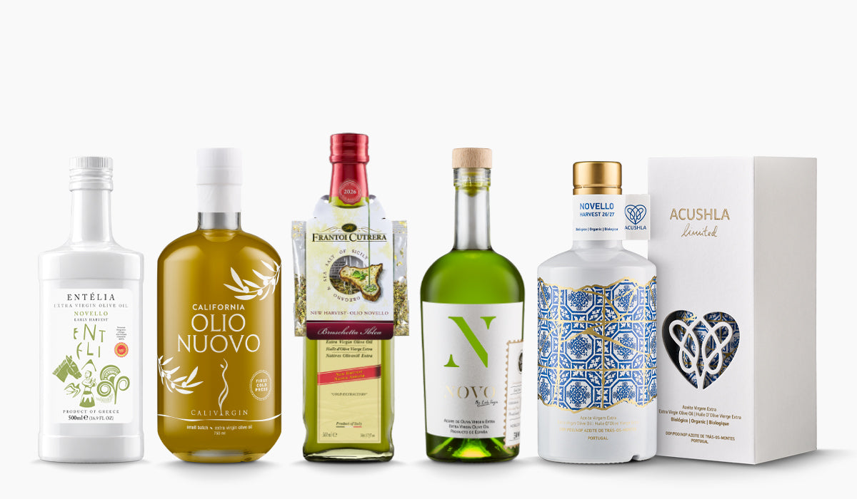 Five early harvest extra virgin olive oils from Entelia, Calivirgin, Frantoi Cutrera, Nobleza del Sur, and Acushla.