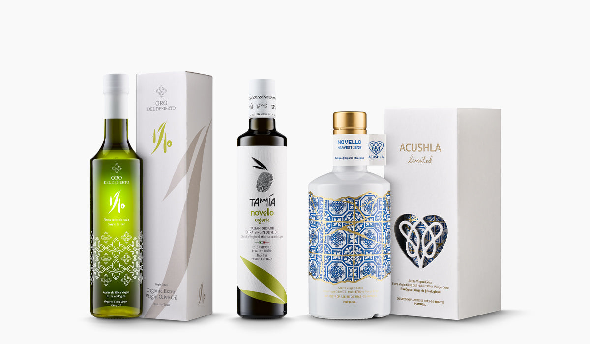 Three 500ml bottles of Organic early harvest extra virgin olive oils from Oro del Desierto, Tamia, and Acushla.