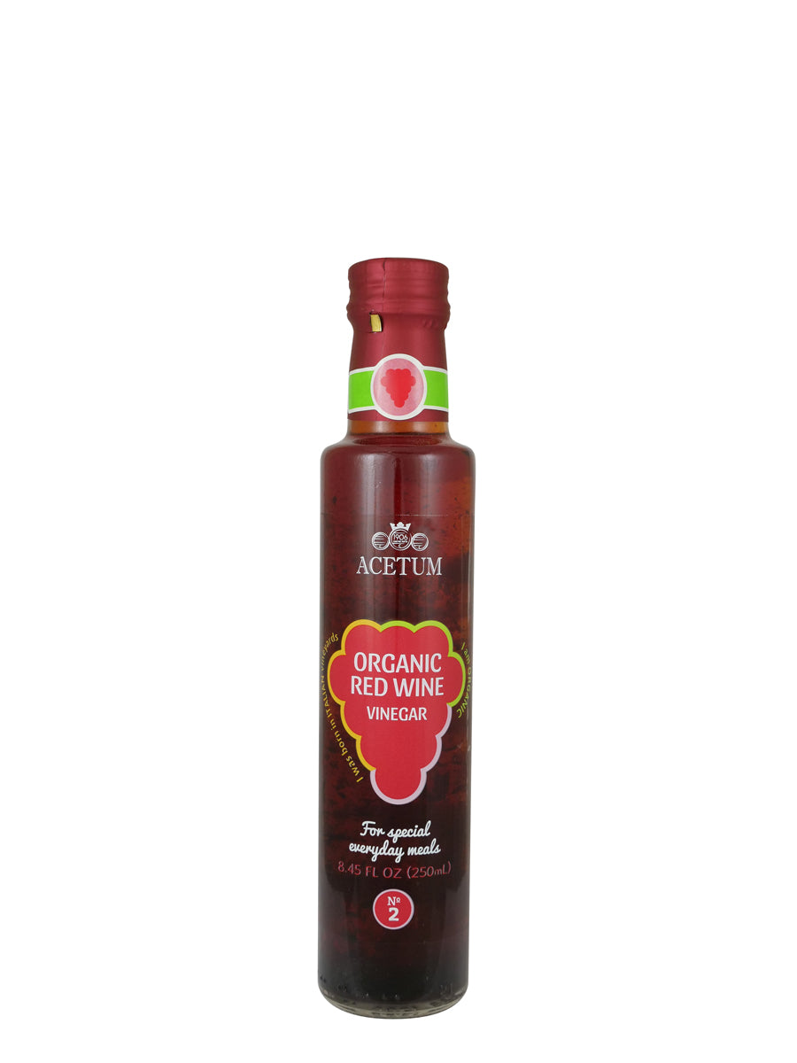 organic red wine vinegar in a glass bottle