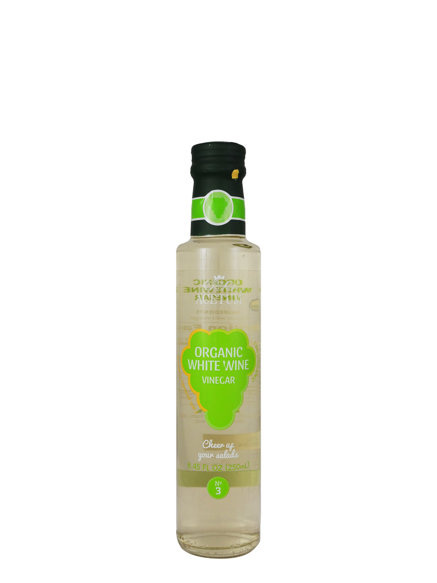 organic white wine vinegar in a glass bottle