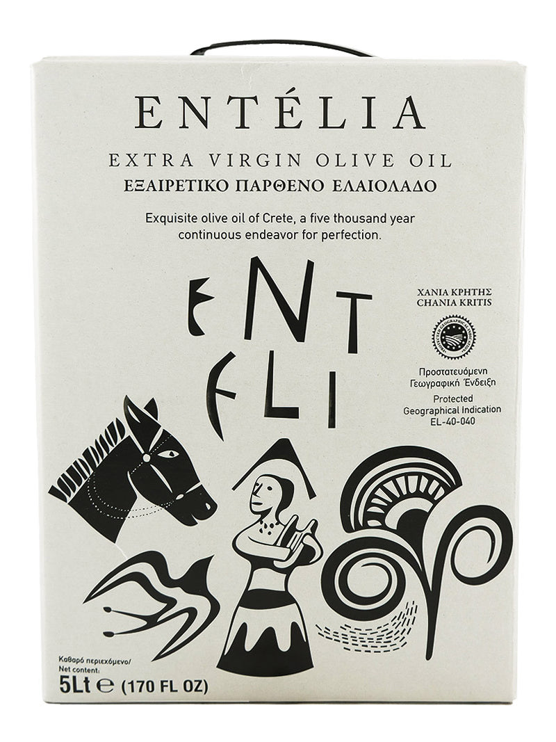 Front view of the Entelia 5L bag-in-box extra virgin olive oil from Crete, Greece