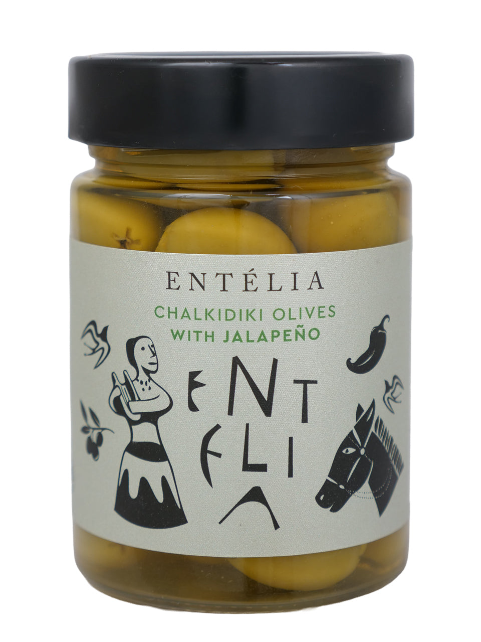 Jar of Entellia Chalkidiki Olives with Jalapeno