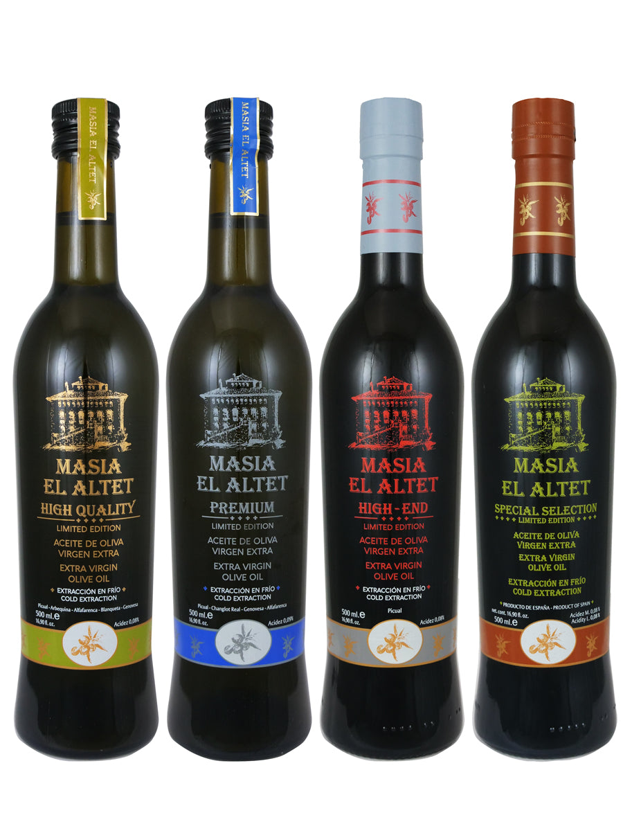4 glass bottles of spanish extra virgin olive oil from producer Masia el Altet