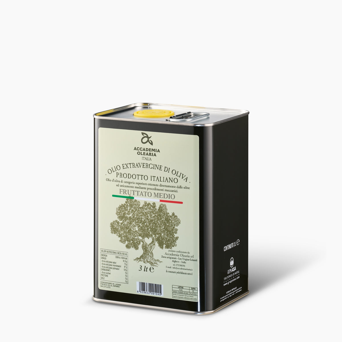 Angled view of Accademia Olearia Fruttato 3L extra virgin olive oil tin from Italy.