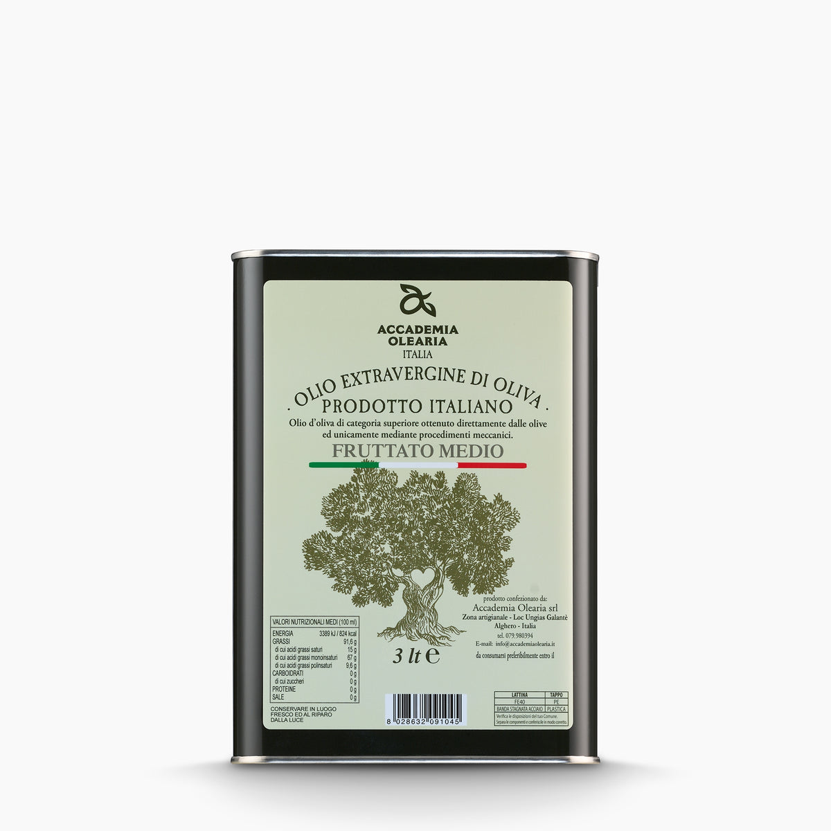 A 3L Tin of Accademia Olearia Fruttato extra virgin olive oil from Sardinia, Italy.