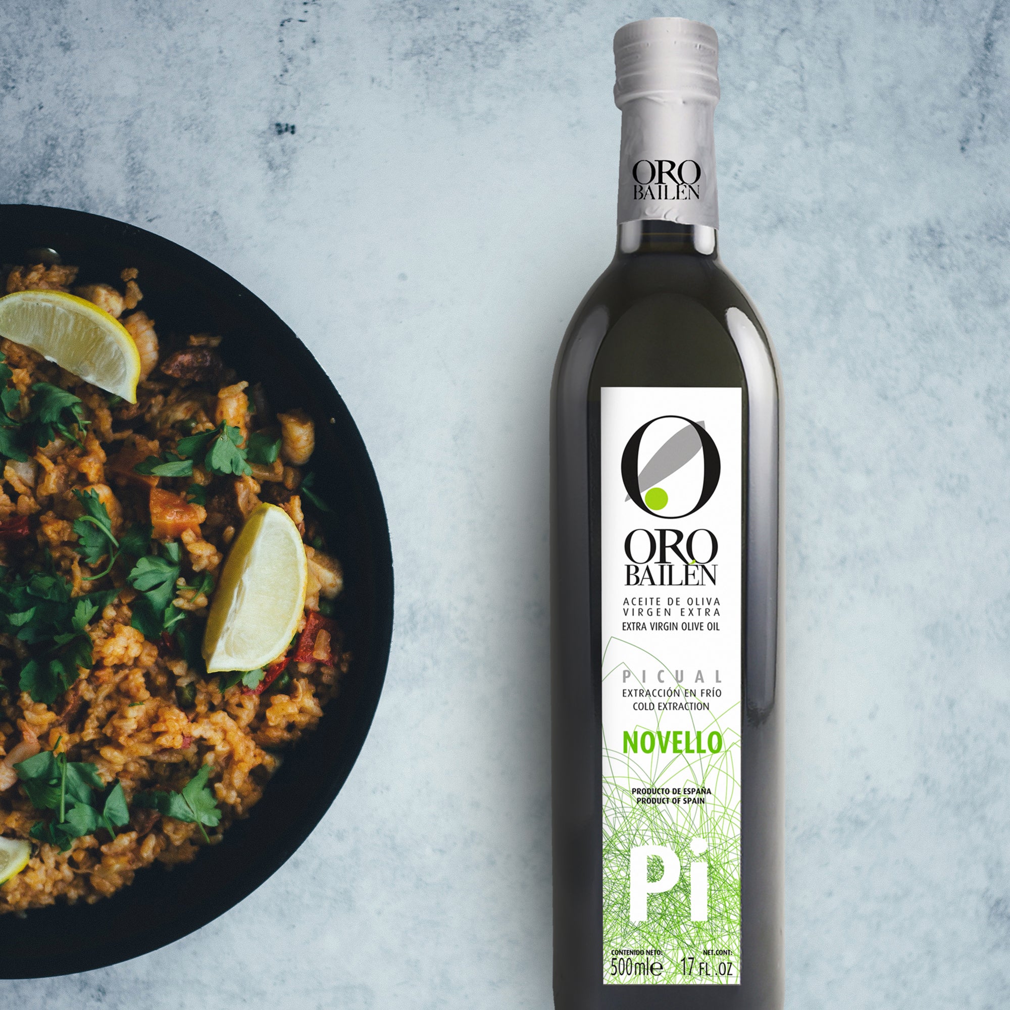 A 500 ml bottle of Oro Bailen Picual Novello extra virgin olive oil from green Picual olives in Andalusia, Spain.
