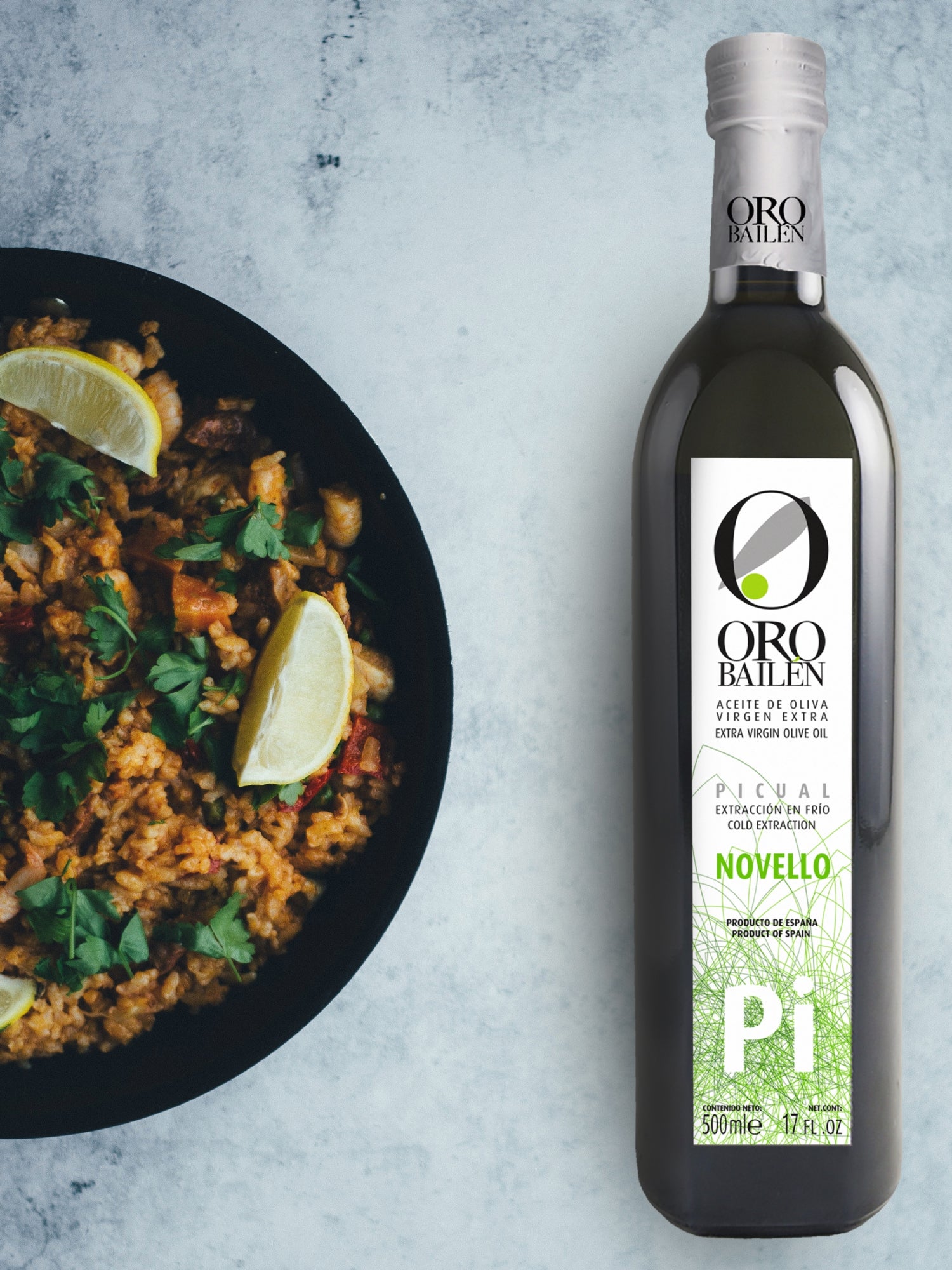 A 500 ml bottle of Oro Bailen Picual Novello extra virgin olive oil from green Picual olives in Andalusia, Spain.