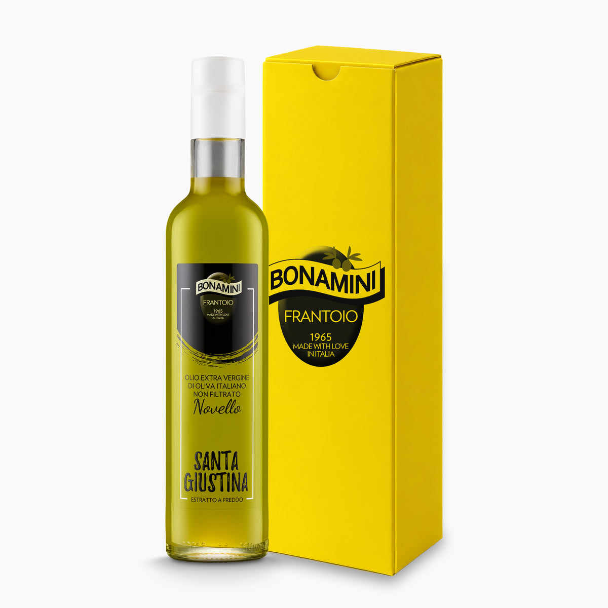 Bonamini Santa Giustina Novello 500 ml extra virgin olive oil bottle and its gift box.