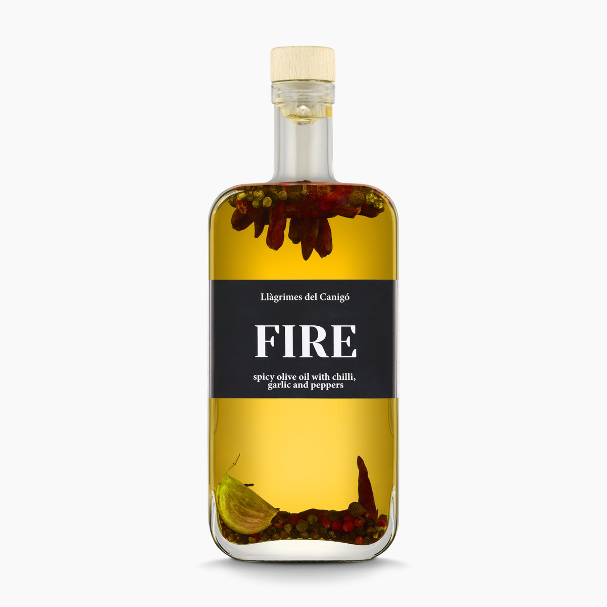 500 ml bottle of Llàgrimes del Canigó Fire extra virgin olive oil from Catalonia, Spain.
