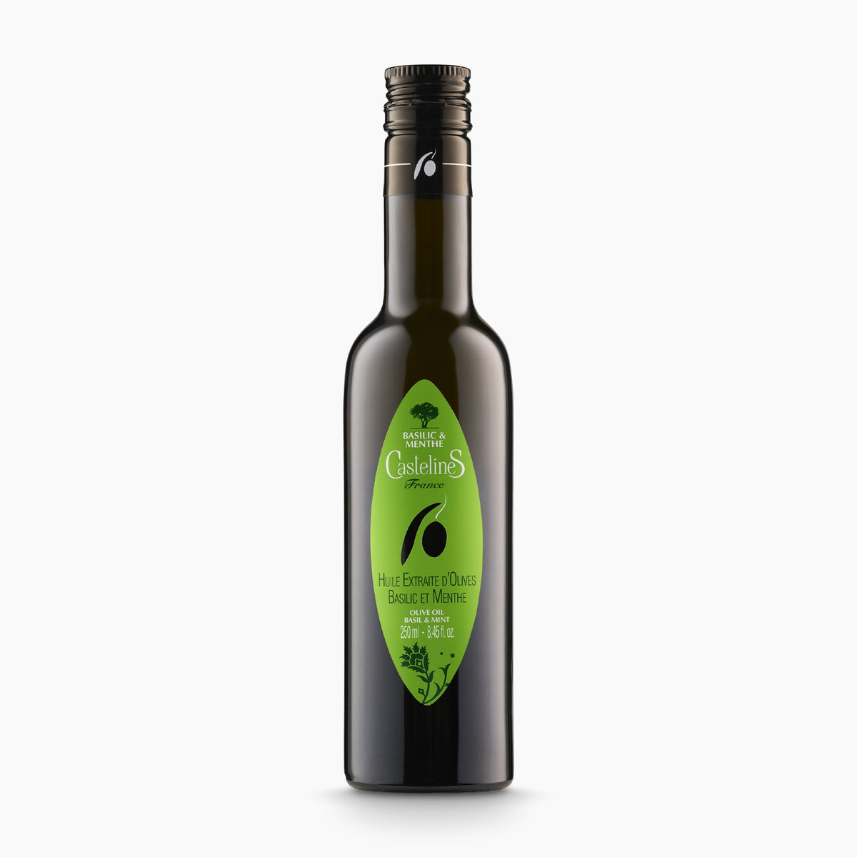 250 ml bottle of Castelines Basil & Mint Olive Oil from Provence, France.