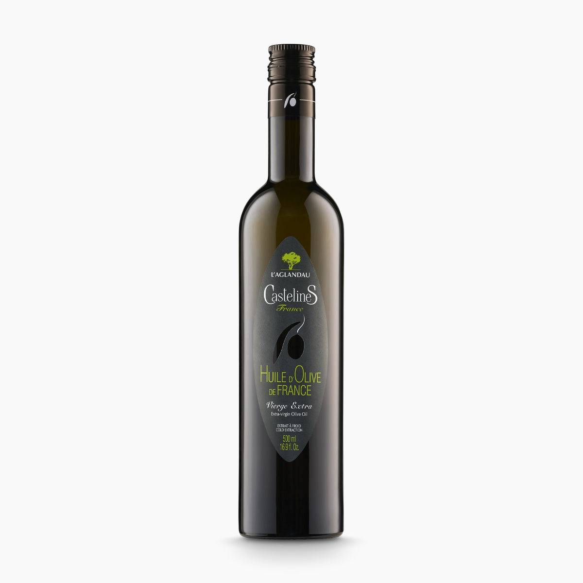 500 ml bottle of Castelines L'Aglandau extra virgin olive oil from France.