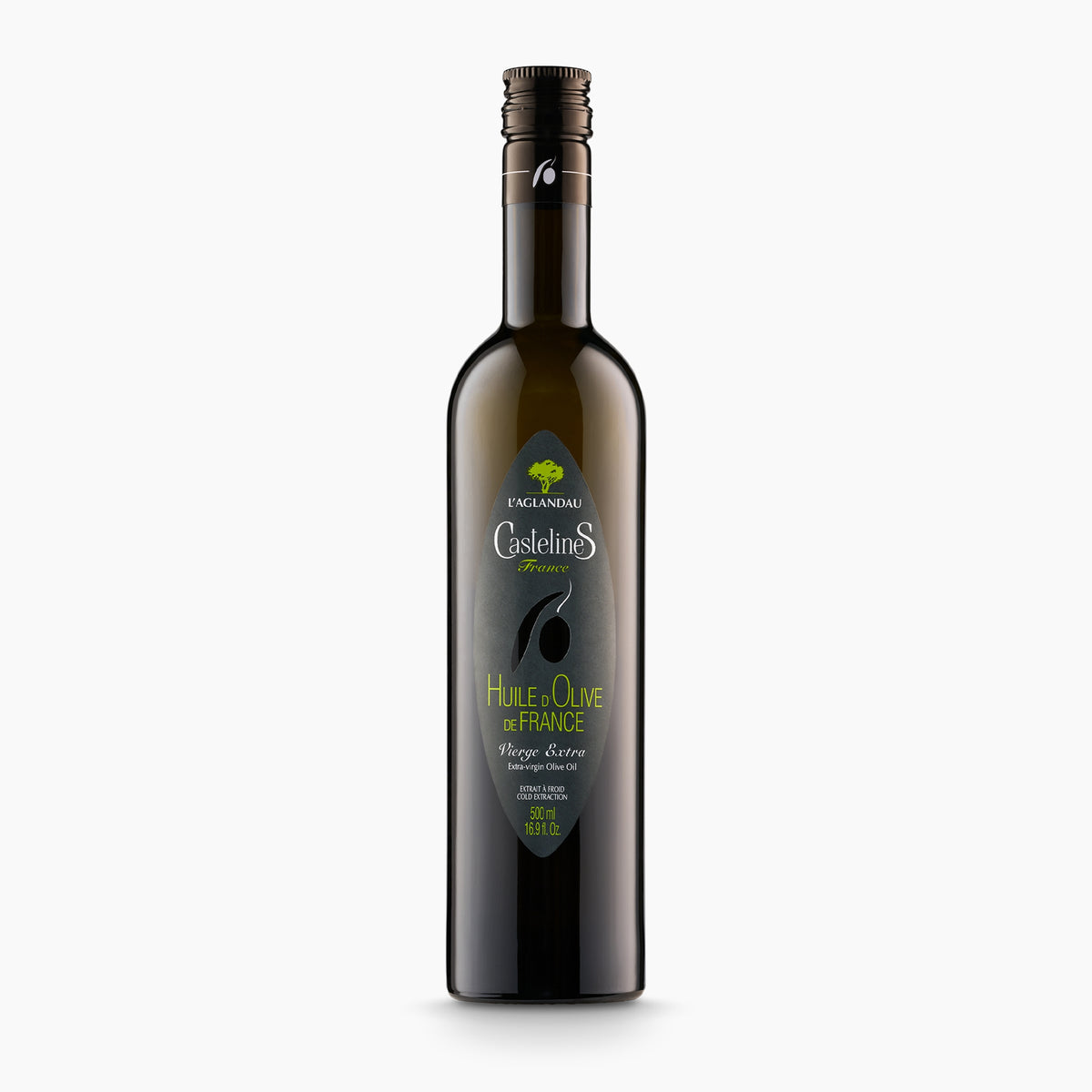 500 ml bottle of Castelines L'Aglandau extra virgin olive oil from France.