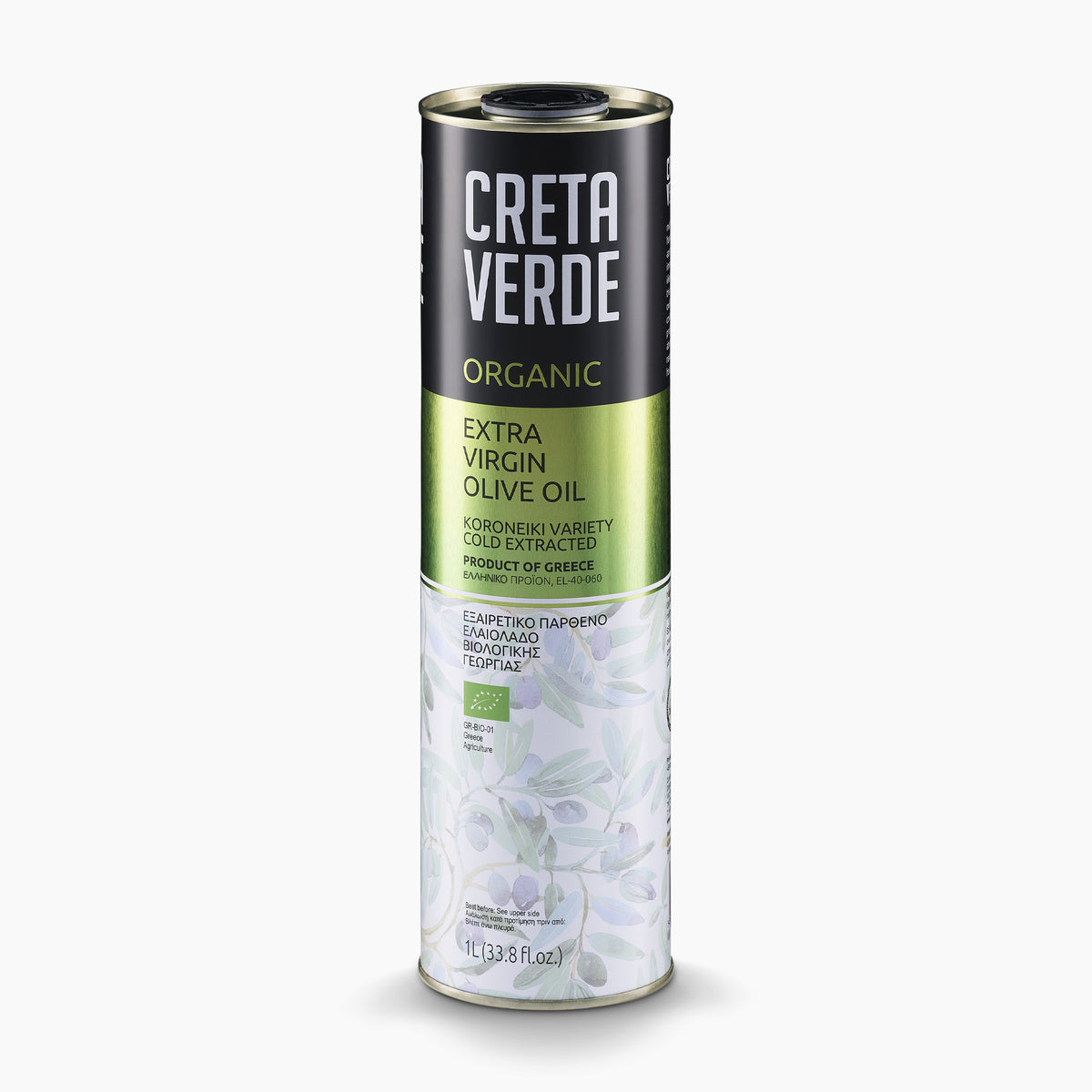 A 1L Tin of Creta Verde Organic extra virgin olive oil, from Crete, Greece.