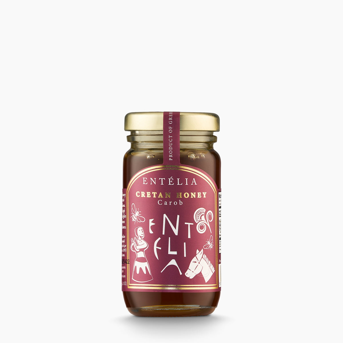 Entelia Carob Cretan Honey in a 100 g glass jar.